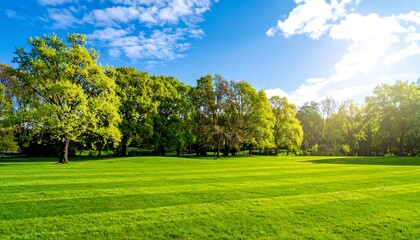 Poster - Lush green park with trees and sunlight.
