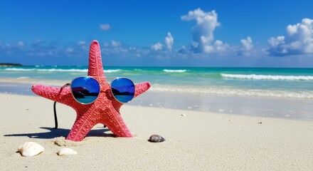 Wall Mural - Starfish Summer Vacation - Pink starfish wearing sunglasses on a sunny beach. Perfect for summer travel, vacation, and holiday themes