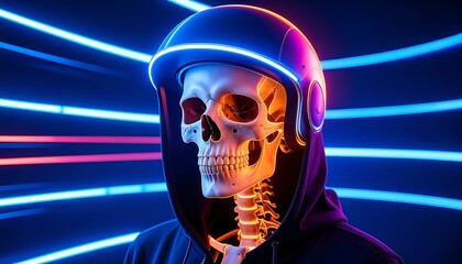 Poster - Neon skull wearing a futuristic helmet.
