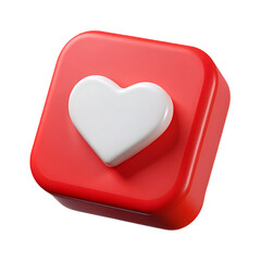 Red square button with white heart 3d render isolated on transparent background