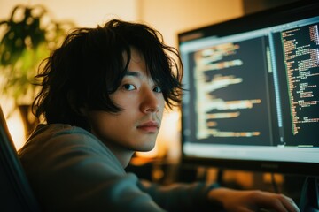 a young man with dark hair intensely focused on lines of code displayed on a computer screen.