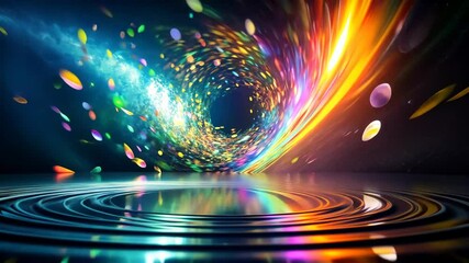 Wall Mural - a swirling vortex of vibrant colors and shimmering particles dances across a reflective surface.