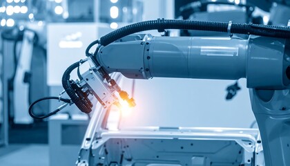Aufkleber - Robotic arm welding a car body.