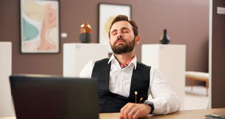 Fototapete - Creative, sleeping and man with laptop, tired and overworked with fatigue, waiting and burnout. Person, manager and employee with computer, exhausted and brain fog with workaholic, nap and resting