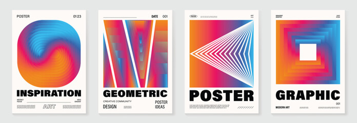 Aufkleber - Modern gradient poster background vector set. Cover template with vibrant perspective geometric prism shapes. Ideal design for social media, cover, banner, flyer.