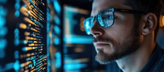 Man Looking at Code on Computer Screen