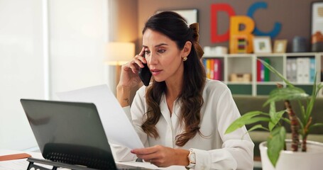 Poster - Phone call, documents and psychologist with woman in office for consulting, child development and schedule. Education therapist, advice and learning evaluation with person in clinic for contact