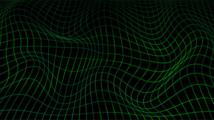 3d distorted wireframe grid warp template design vector illustration background. Empty 3 dimension virtual mesh with perspective wireframe grid geometric sketch. Cyber virtual line wavy frame.