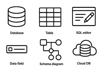 Database and tech outline icons set – line, flat, schema and sql symbols