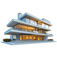 Aufkleber - Modern architectural design featuring multi level house with large glass windows, showcasing sleek exterior and inviting interior spaces. structure is surrounded by greenery, enhancing its