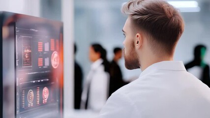 Wall Mural - Focused on the Future: A modern professional intently examines a complex interface, while the background holds a hint of the forward-thinking work being done. 