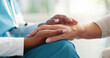 © BuyOutFelix02/peopleimages.com - Nurse, hands and elderly patient with empathy for comfort, healthcare or consultation at retirement home. Closeup, doctor or caregiver with senior person for assisted living or sympathy at house