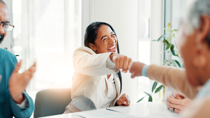 Poster - Business people, team and fist bump for success, celebration or clapping for financial agreement in office. Excited, hands together and achievement of goal, target or well done with investment deal