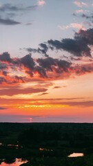 Wall Mural - Amazing Sunrise Above Summer Forest And River Landscape. Scenic View Of Morning Sky With Rising Sun Above Forest. Early Summer Nature Of Europe.