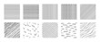 © klyaksun - Crosshatch patterns collection - vertical, horizontal lines, zigzag and grid, waves and grass ink hatching. Shading textures set. Monochrome graphic design elements and decorative backgrounds.