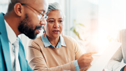 Poster - Teamwork, meeting and paperwork with business people in office for project proposal, account advisor or planning. Budget adviser, company treasurer and brainstorming with employees for revenue review