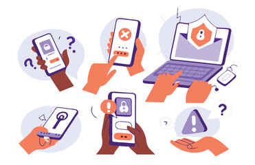 Cyber crime set. Characters loss personal data access, answering a scam call, get fraud mail with virus. Phishing, data breach, information leakage concept
