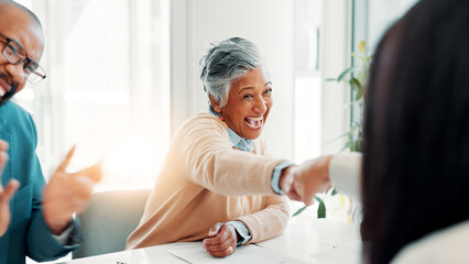 Poster - Business people, excited group and fist bump for success, celebration or clapping for financial agreement in office. Laugh, hands together or achievement of goal, target or praise for investment deal