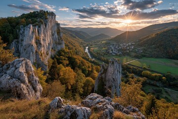 Aufkleber - Majestic sunset over rocky cliffs and river valley in autumn with vibrant foliage