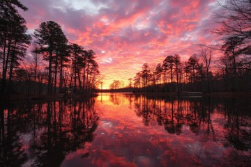 Aufkleber - Vibrant sunset reflecting on tranquil lake with surrounding trees in a peaceful natural setting