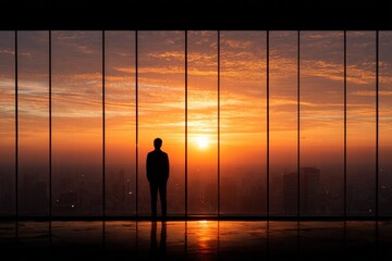 Poster - Sunset view from a high-rise building overlooking a city skyline with a silhouette of a person standing quietly