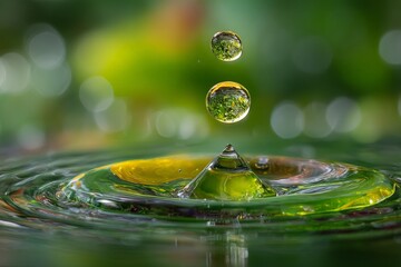 Poster - Water droplets create ripples and reflections in a tranquil green environment