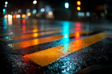 Poster - Rain-soaked street at night with vibrant reflections and illuminated traffic signals