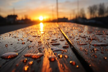 Poster - Morning sunlight reflects on a wet wooden table after rain in a quiet outdoor setting