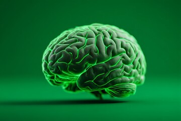 Fototapete - Green brain with illuminated details against a dark green background emphasizing neural patterns and textures