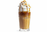 White background high quality detailed photorealistic glass filled with creamy caramel drink whipped cream on top caramel drizzle finish


