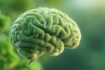 Leinwandbilder - Green brain graphic with intricate details surrounded by a blurred nature background showcasing vibrant colors