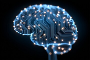 Aufkleber - Digital representation of a human brain with glowing circuits and lights, illustrating neural connections and technology integration