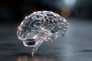 Poster - Exploring the intricacies of a transparent brain with glowing connections in a modern setting