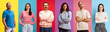 © master1305 - Diverse group of people standing confidently in front of colorful solid backgrounds. Concept of human diversity, emotions, equality, human rights, unity, personality, presence. Banner