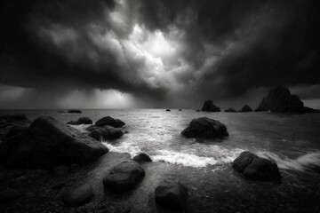 Aufkleber - Dark stormy sky over rocky shoreline with turbulent sea and dramatic clouds at dusk