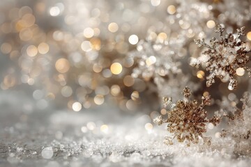 Aufkleber - Sparkling snowflakes resting on a frosty surface with blurred festive lights in the background