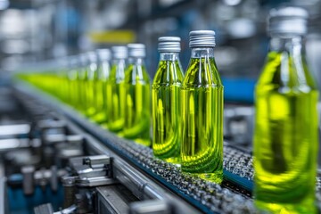 Poster - Bottles of green liquid move along the production line in a modern factory during daytime operations