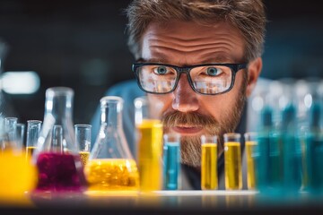Leinwandbilder - Scientist conducts experiments with colorful liquids in laboratory setting during evening hours