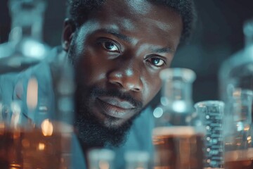 Aufkleber - Scientist conducts research in a laboratory surrounded by glassware at night