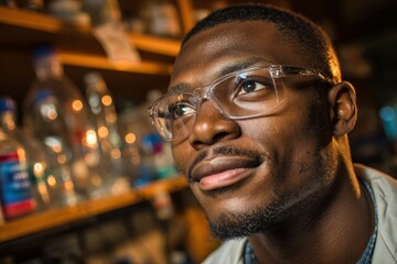 Aufkleber - Young man in glasses smiles while observing laboratory surroundings with shelves full of glass bottles in the background
