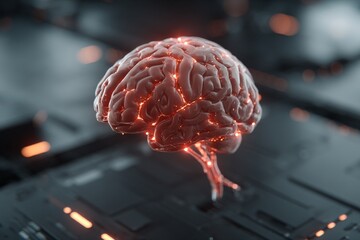 Poster - Floating advanced brain design with glowing circuitry set against a modern technological background