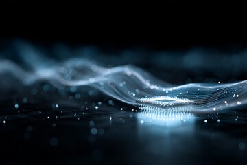 Fototapete - Digital waves and glowing particles create a captivating visualization of abstract technology in a dark space
