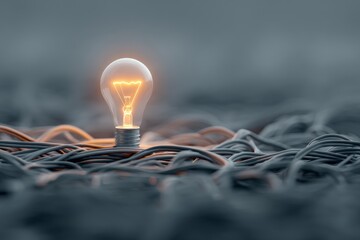 Fototapete - Light bulb shines brightly amidst tangled wires in artistic display of creativity and innovation