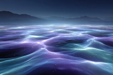 Poster - Ethereal landscape showcasing waves of light at twilight over a distant horizon