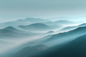 Poster - Misty mountain landscape during early morning captures serene beauty and tranquil atmosphere