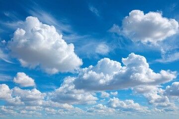 Poster - Bright, fluffy clouds drift across a clear blue sky in a serene landscape during the afternoon hours
