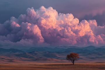 Aufkleber - Majestic sunset hues cast over isolated tree in vast landscape with dramatic cloud formations