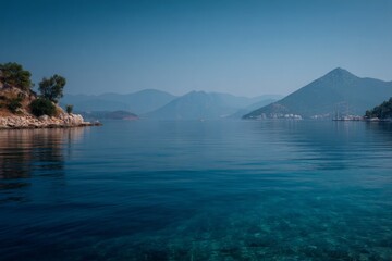 Aufkleber - Calm waters reflect mountains and trees in a peaceful coastal landscape during early morning hours