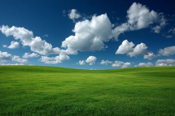Poster - Lush green landscape under a bright blue sky with fluffy clouds on a sunny day