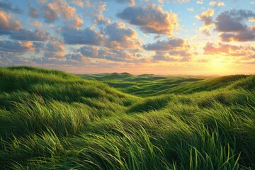 Aufkleber - Sunset light bathes rolling hills of vibrant green grass under a colorful sky filled with fluffy clouds